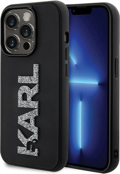 Mbështjellës Karl Lagerfeld 3D Rubber Glitter Logo për iPhone 15 Pro Max, zi
