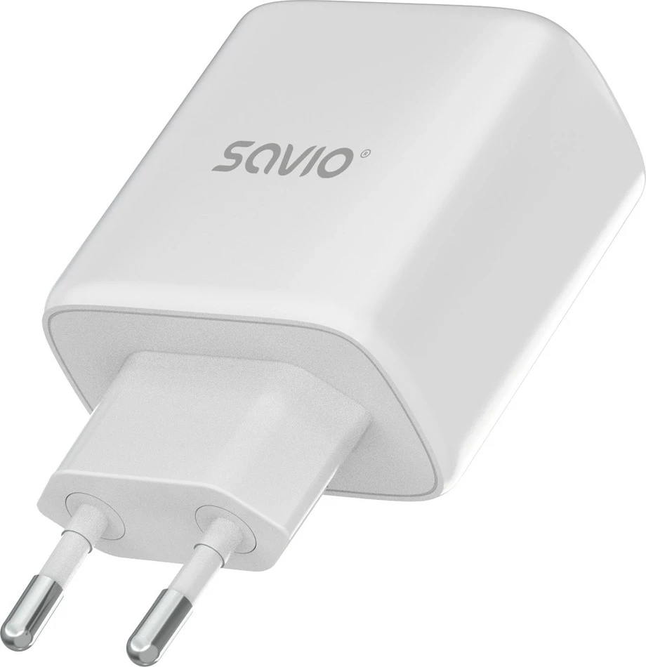 Karikues murale, Savio LA-12 (SAVLA-12), 20W PD 3.0 & QC 3.0, 2 porta (USB-A + USB-C), prizë EU, i bardhë