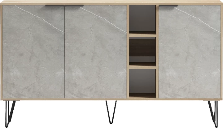 Bufe Balain, pamje mermeri gri-bezhë, këmbë të zeza, 142x35.5x83cm