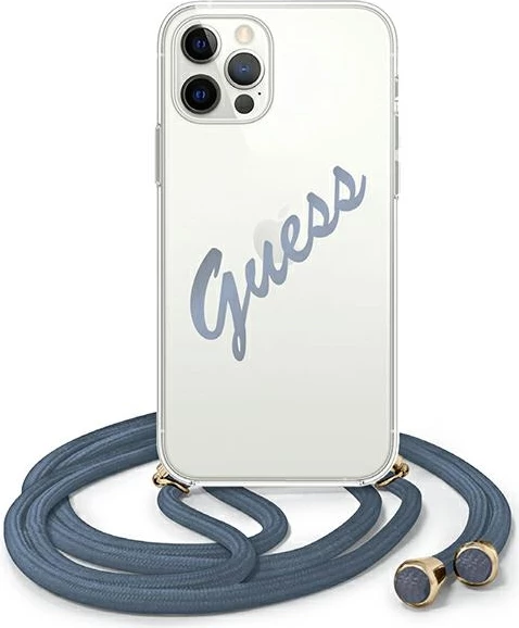 Mbështjellës Guess GUHCP12LCRTVSBL për iPhone 12 Pro Max, hardcase, Script Vintage, Blu