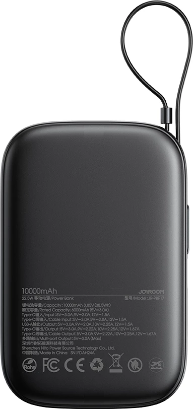 Powerbank Joyroom JR-PBF17 10000mAh 22.5W me kabllo USB-C të integruar + kabllo USB-C 25cm, e zezë