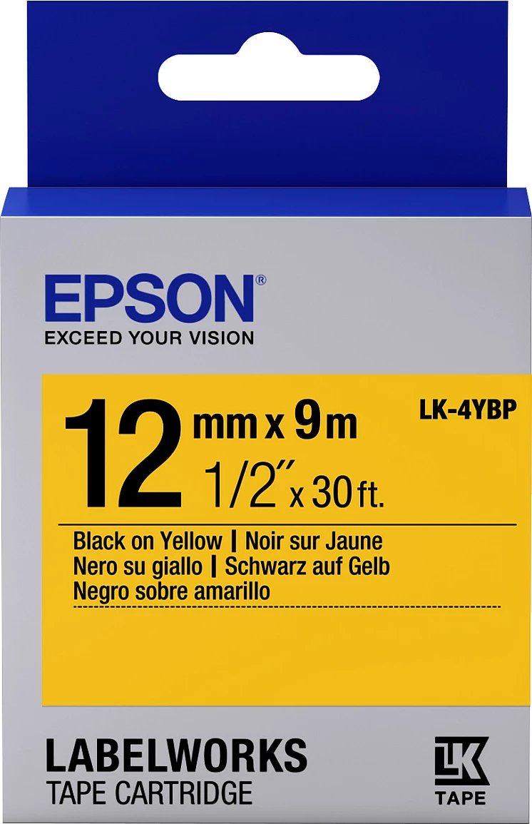 Kasetë shiriti për etiketa Epson LK-4YBP, 12mm x 9m, zi në të verdhë