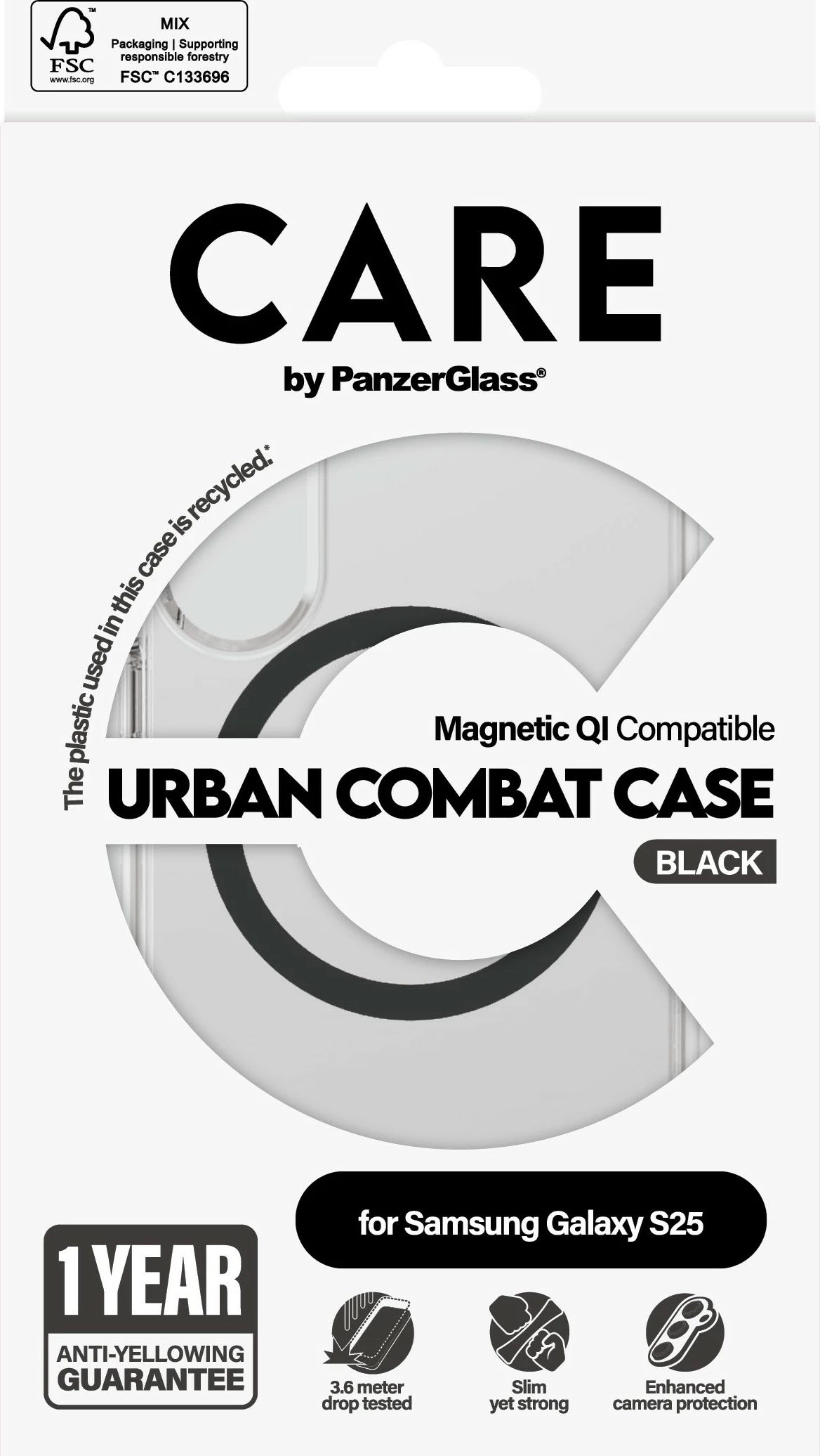 Mbështjellës PanzerGlass CARE Flagship Case, për Samsung Galaxy S25, transparent me detaje të zeza, QI compatible