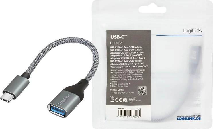Adapter USB LogiLink USB 3.2 Gen1 Type-C, 0.15 m, Gri