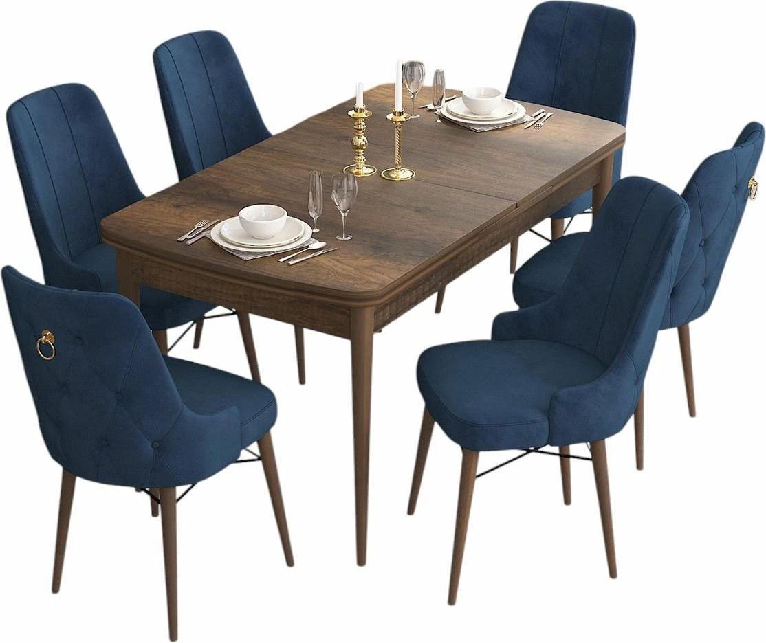 Tavolinë me karrige, zgjatshme, 7 copë, ngjyrë barok dhe kaltër e errët, Skye Decor