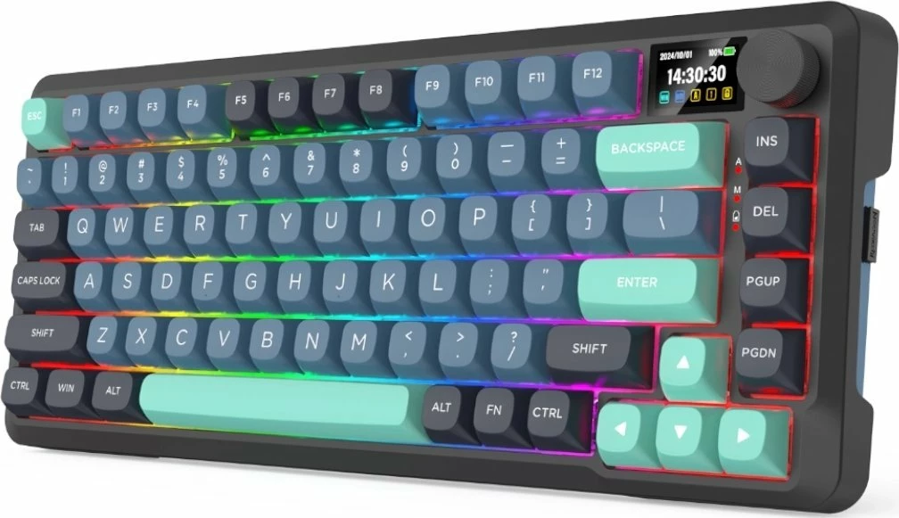 Tastierë mekanike gaming Redragon Behemoth Pro K724GBG-RGB-PRO 75%, RGB, tri-mode (USB-C/2.4G/Bluetooth), hot-swap, Smart Screen, 4000 mAh, gri/turkuaz