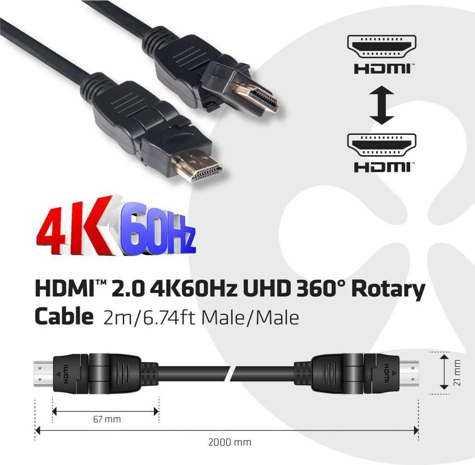 Kabllo HDMI Club3D 2.0, 2m, rrotulluese, e zezë