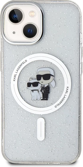 Mbështjellës Karl Lagerfeld Karl&Choupette Glitter MagSafe për iPhone 15 Plus, Transparent