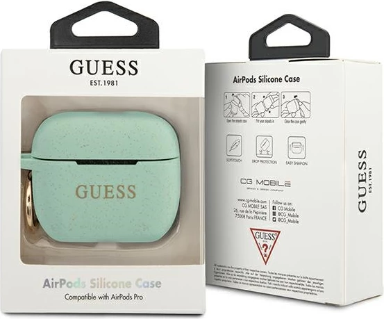Mbështjellës Guess GUACAPSILGLGN për AirPods Pro, silikon, i gjelbër me shkëlqim