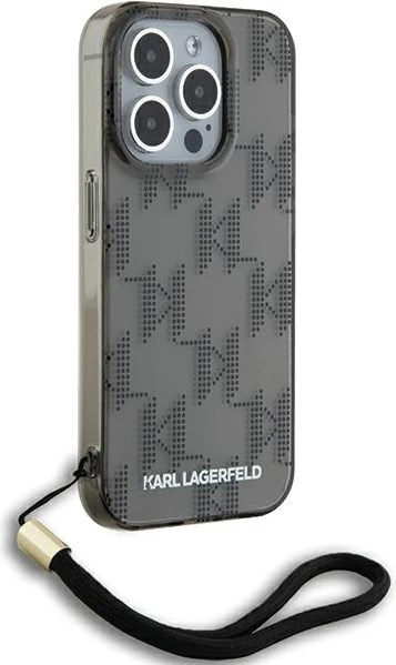 Mbështjellës Karl Lagerfeld IML Mono KL Pattern & Cord për iPhone 15 Pro Max, i zi