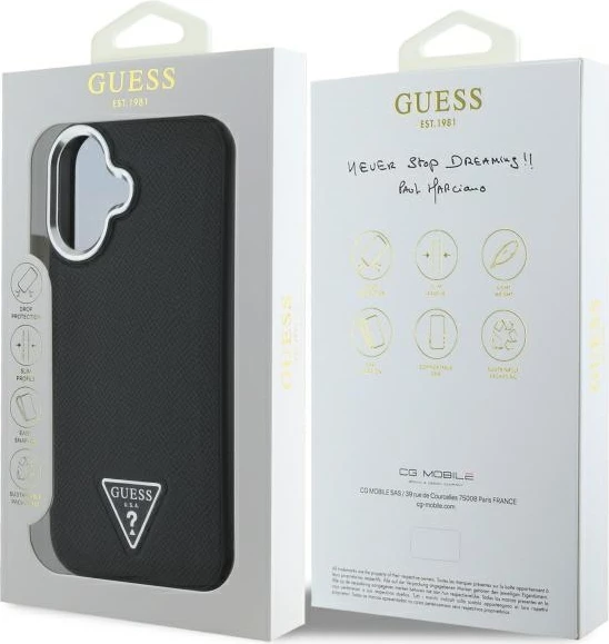 Mbështjellës Guess Grained Triangle MagSafe për iPhone 16 Plus 6.7", i zi, hardcase