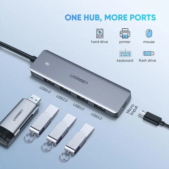 UGREEN Hub USB-C me 4 porta USB-A 3.0, 5 Gbps, gri