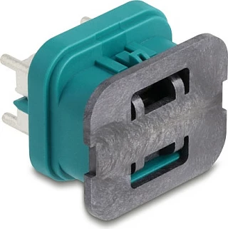 Konektor DeLOCK HDMTD quad female për PCB, IP67/IP69K, 100 Ω, 14×22 mm, aqua