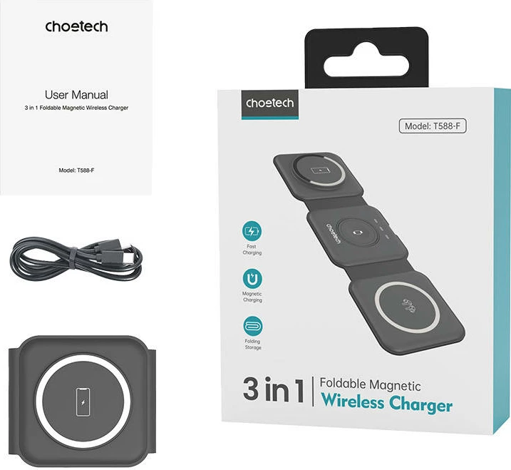Karikues wireless 3-në-1 Choetech T588-F, 15W, i zi
