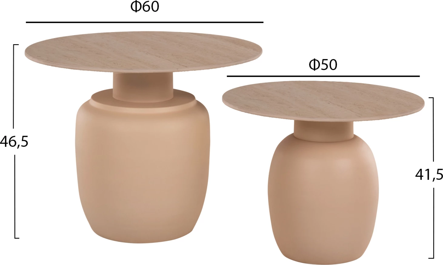 Tavolina anësore 2 copë FEREN FH9664 metalike me sipërfaqe qeramike ngjyrë fildishi Φ60 & Φ50cm