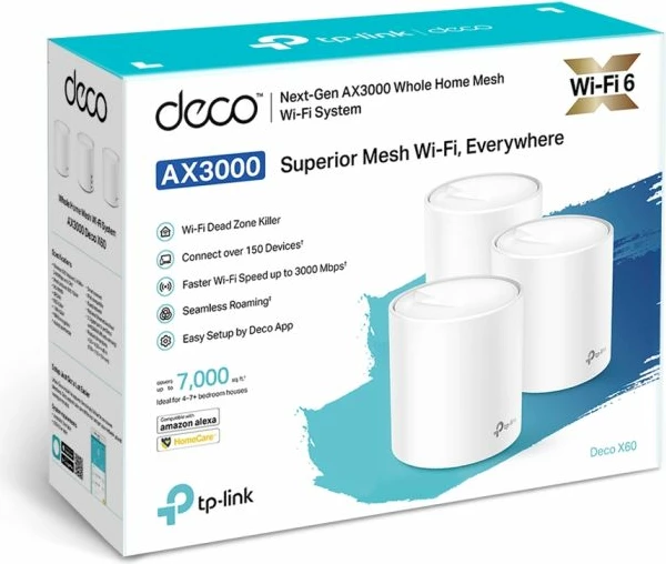 Sistem Mesh WiFi, TP-Link Deco X60, Wi-Fi 6 AX3000 3000 Mbps, mbulim deri 650 m², e bardhë, set 3 copë