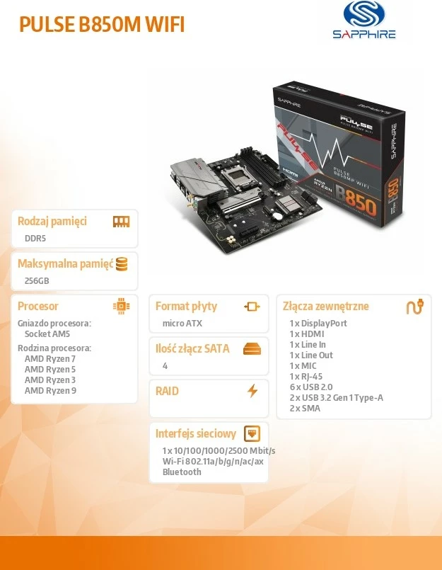 Pllakë amë, Sapphire Technology, PULSE B850M WIFI, Socket AM5, micro ATX, 4x DDR5 deri 256GB, PCIe 5.0 M.2, Wi‑Fi 6, Bluetooth 5.3