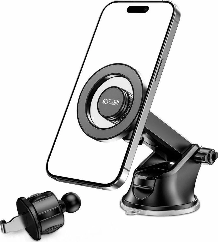 Mbajtëse magnetike për veturë Tech-Protect N51 MagSafe, 2-në-1 (vakum + grilë ventilimi), 360°, e zezë, set 3 copë