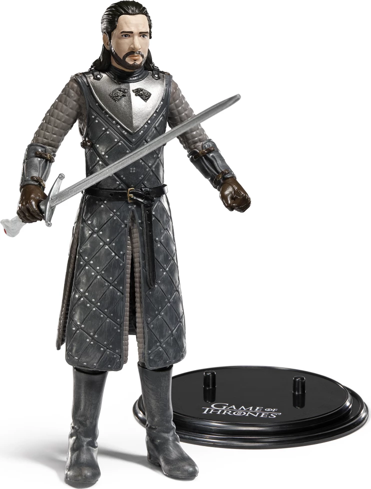 Figurinë fleksibile NOBLE COLLECTION Bendyfigs Game of Thrones Jon Snow 18.5 cm, gri/zezë, me shpatë Longclaw dhe bazë