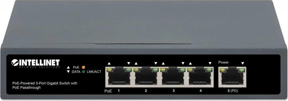 Switch Intellinet 561808, 5p Gigabit PoE Passthrough, i ushqyer nga PoE ose AC, 95W