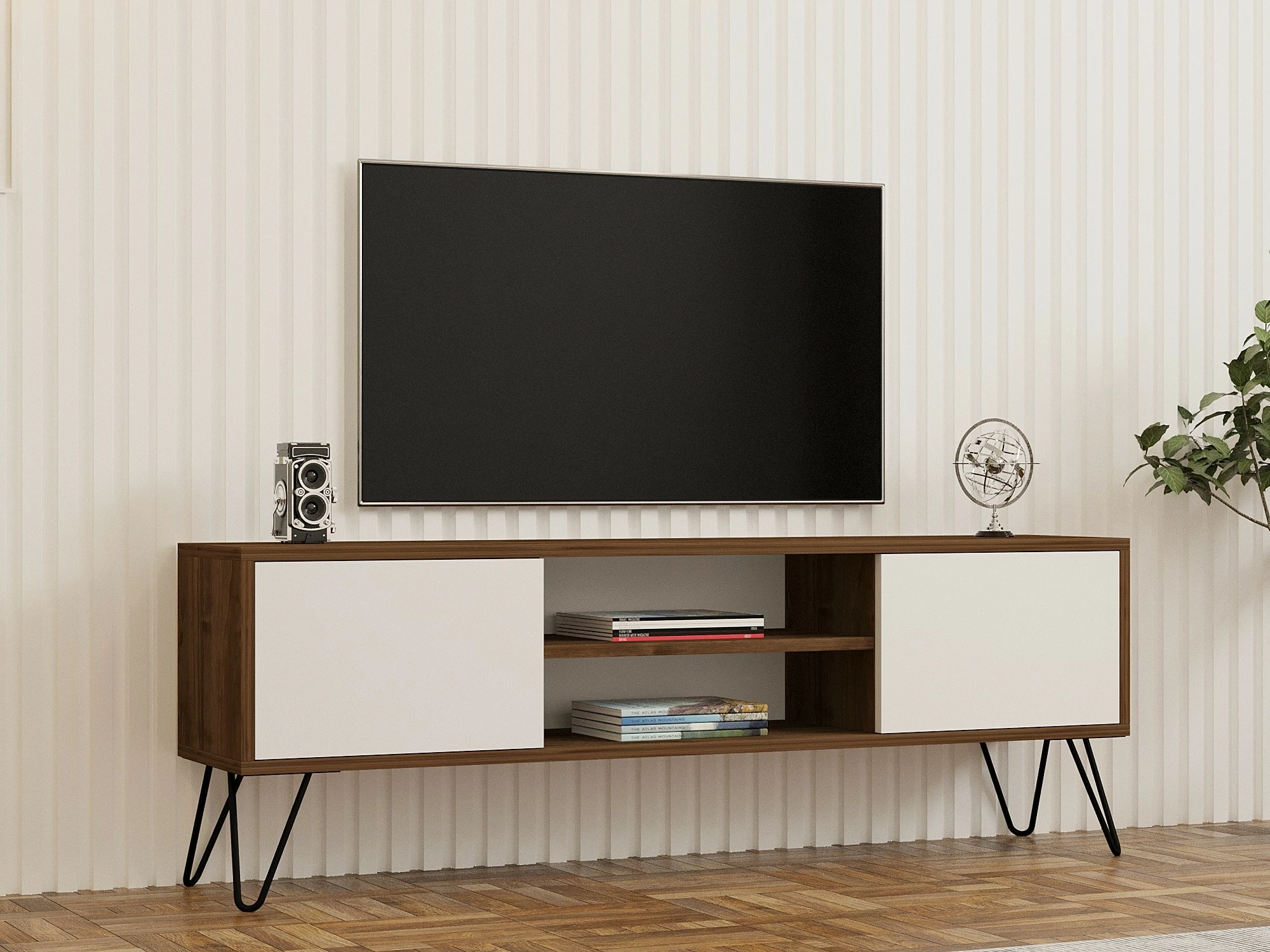 Komodë TV Hanah Home, Eva, ngjyrë arre dhe e bardhë, 140x50x30cm