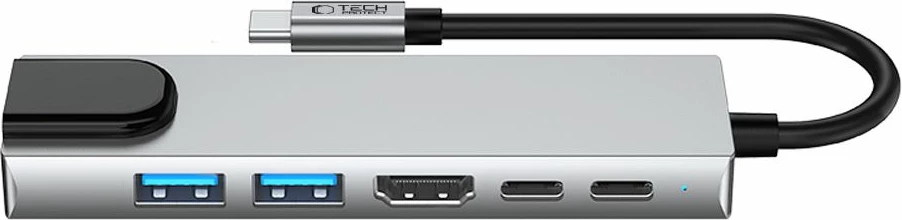 Adapter HUB Tech-Protect HB02 6in1, USB-C, USB 2.0, USB 3.0, HDMI 4K, RJ45, PD 100W, Gri