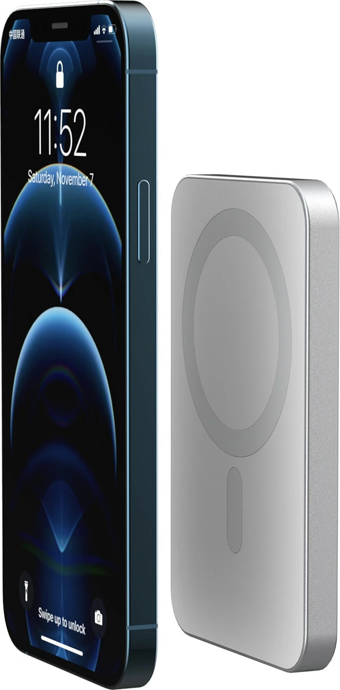 Powerbank RealPower PB-5000 Mag, 5000 mAh, karikim pa kabllo 15 W, MagSafe kompatibil, Silver