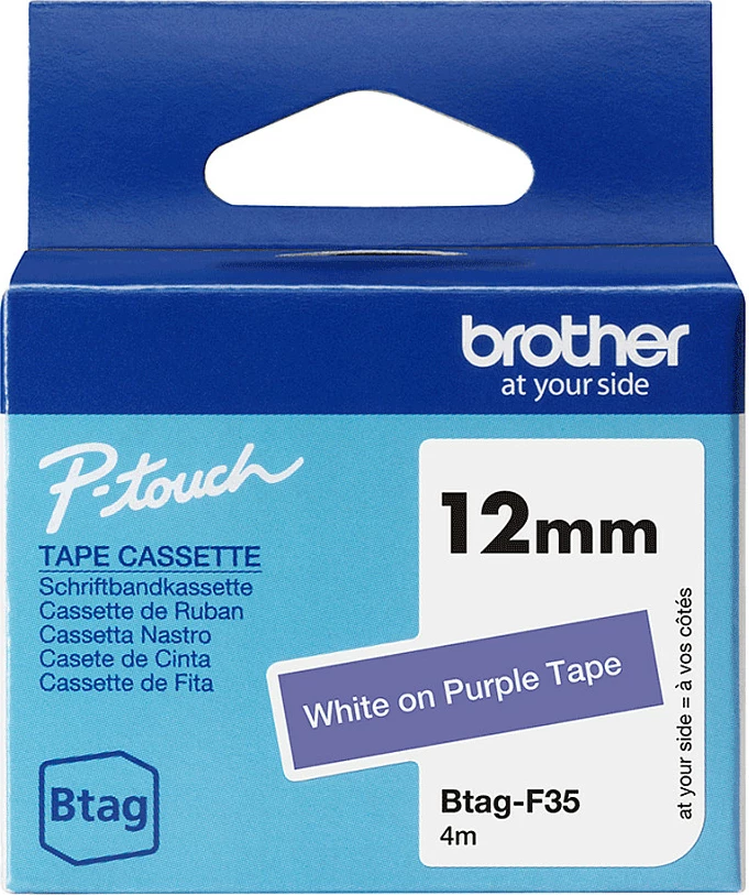 Kasetë shirit etikete Brother Btag-F35, 12mm, 4m, e bardhë mbi vjollcë