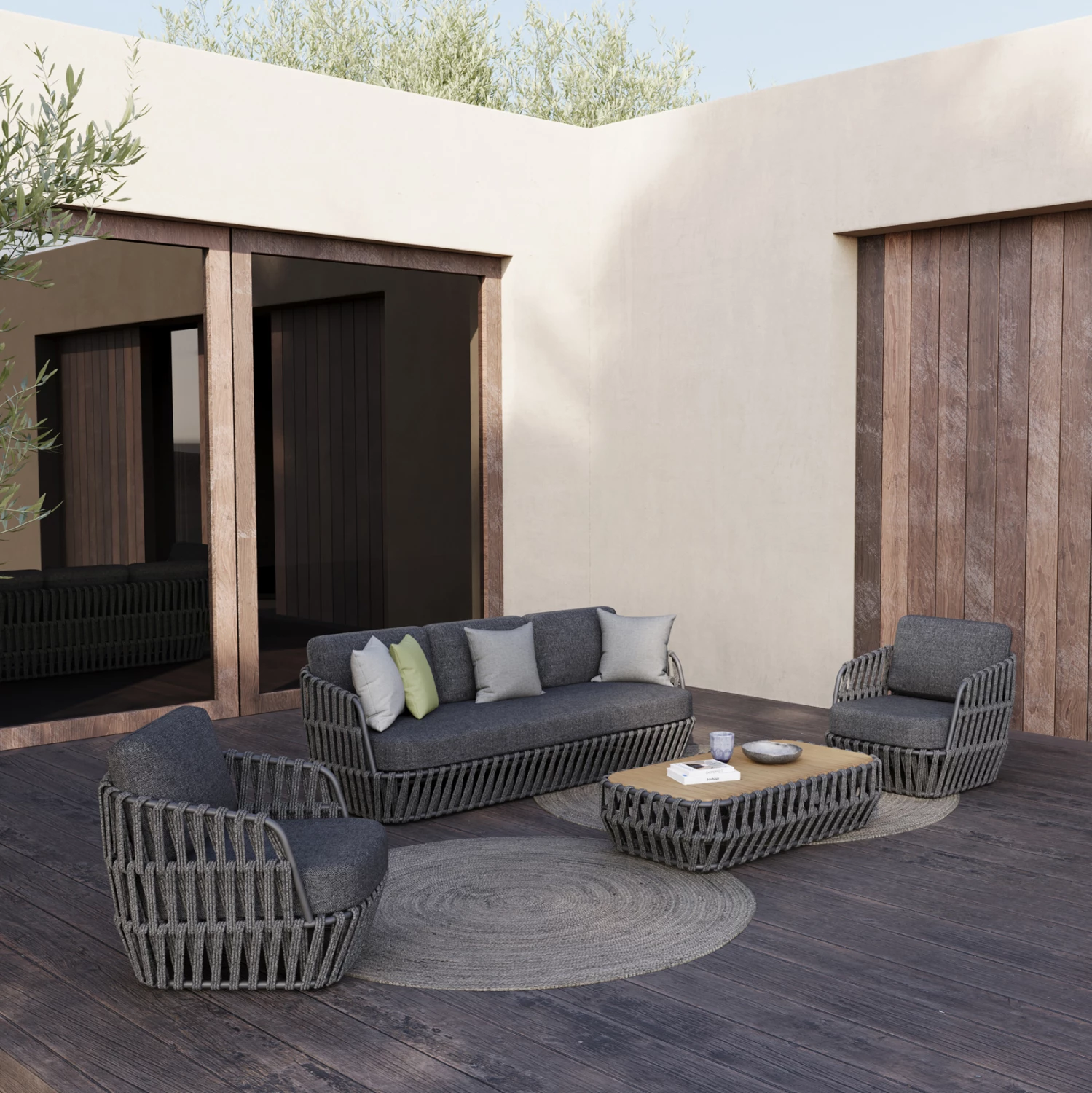 Set lounge për jashtë, 4 pjesë, SABO FH6208.01, alumin, litar P.E., pëlhurë Olefin, dru tik natyral, ngjyrë gri e errët