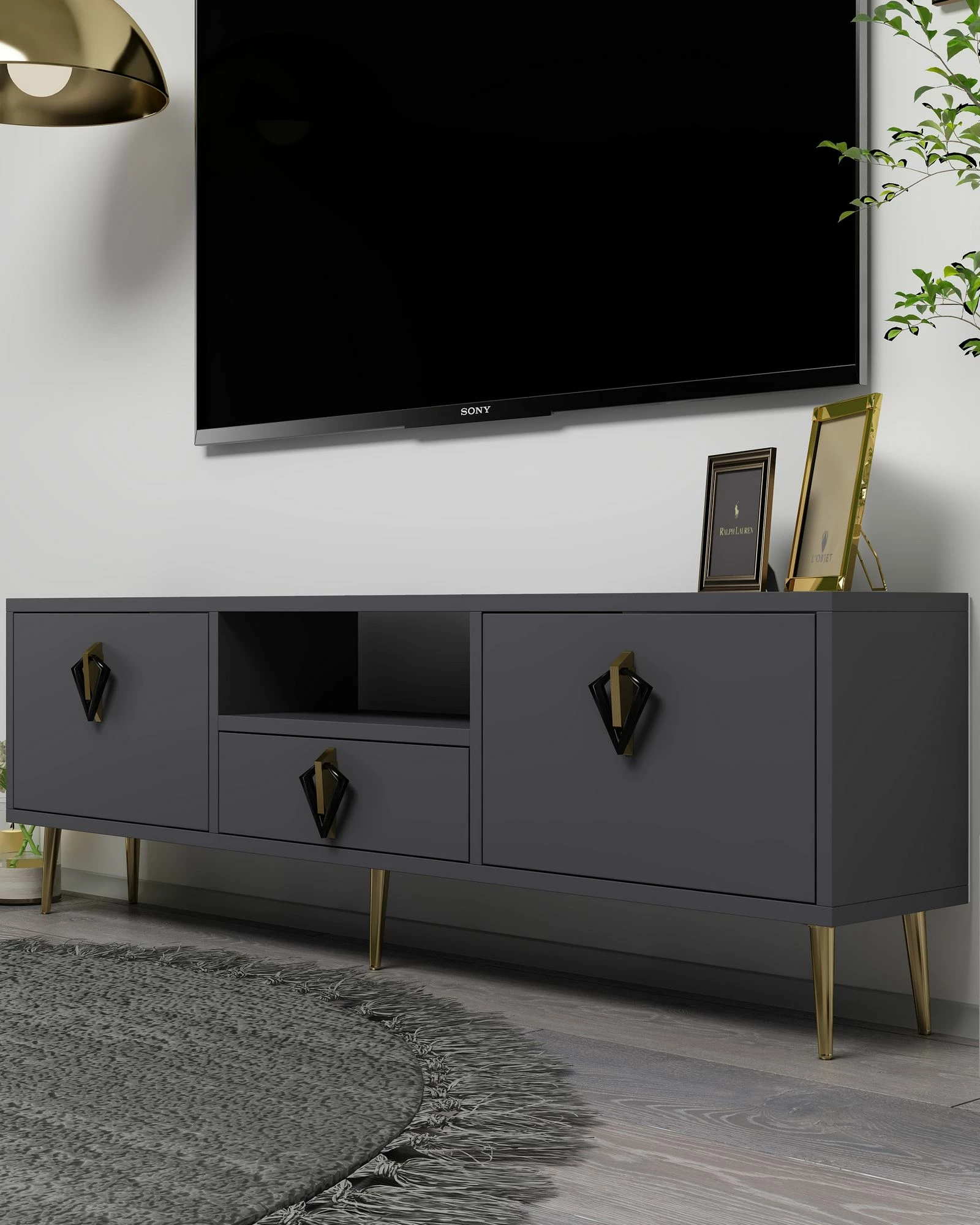 Komodë për TV Skye Decor, 1312-DROP-32, antracit, e zezë, e artë