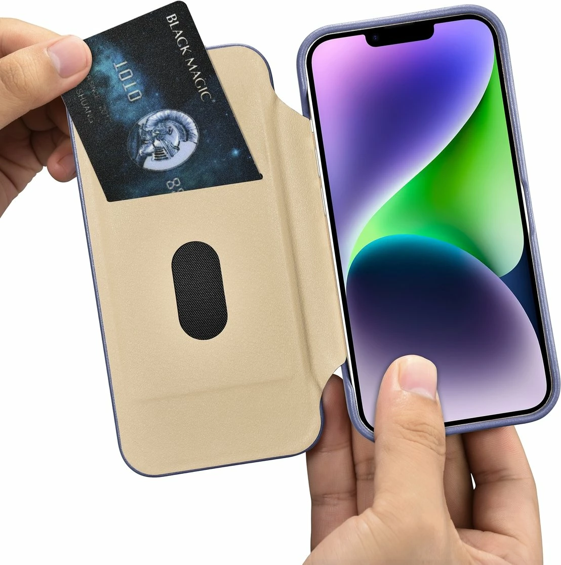 Mbështjellës lëkure iCarer CE Premium Folio për iPhone 14 Plus, MagSafe, Vjollcë e lehtë