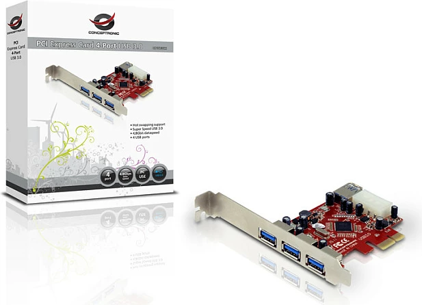 Kartë zgjerimi PCIe1x Conceptronic, 3x USB-A jashtë + 1x USB-A brenda, 5Gbps, kuqe/argjendtë