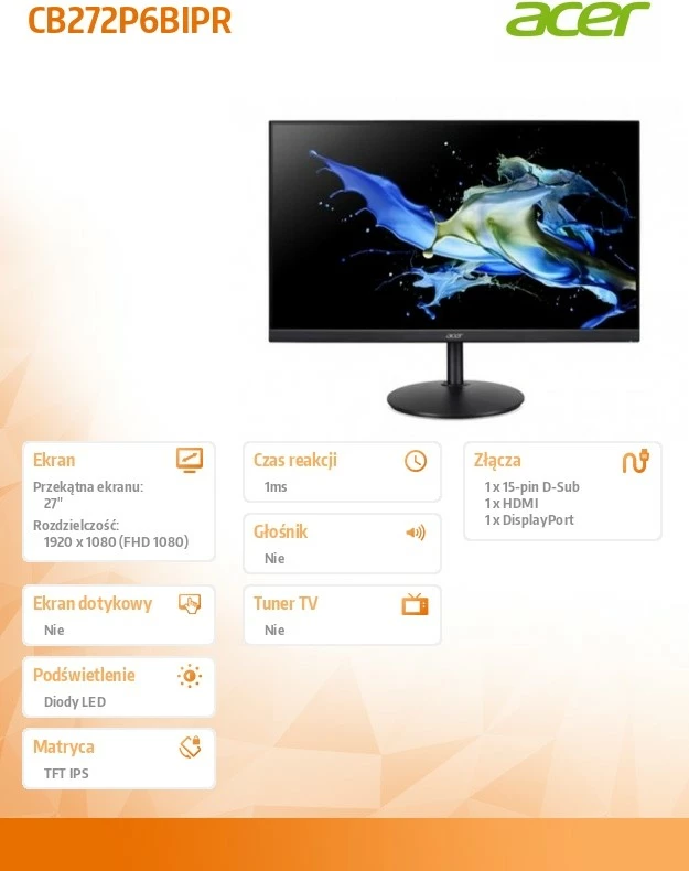 Monitor Acer CB272P6BIPR 27\" IPS FHD 144Hz 1ms HDMI/DP/VGA i zi, set me kabllo HDMI dhe kabllo rryme