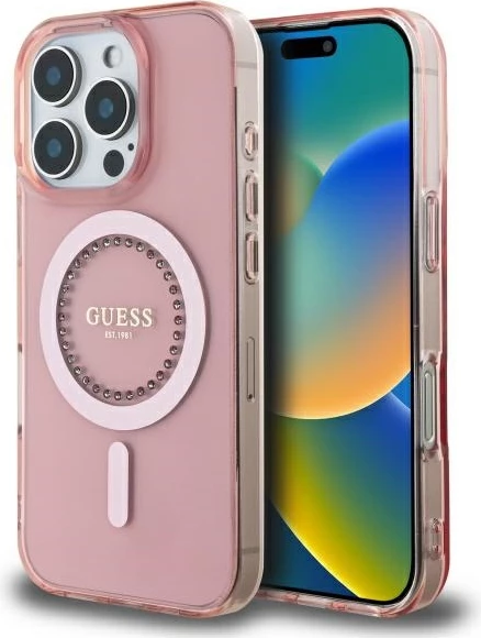 Mbështjellës Guess IML Rhinestones për iPhone 16 Pro Max, MagSafe, Rozë
