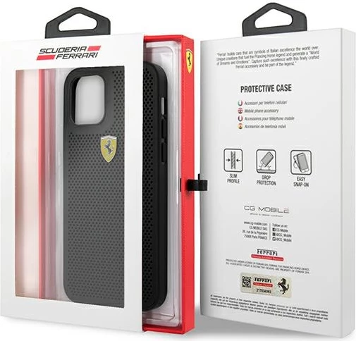 Mbështjellës Ferrari FESPEHCP12LBK për iPhone 12 Pro Max 6.7", i fortë, On Track Perforated, i zi