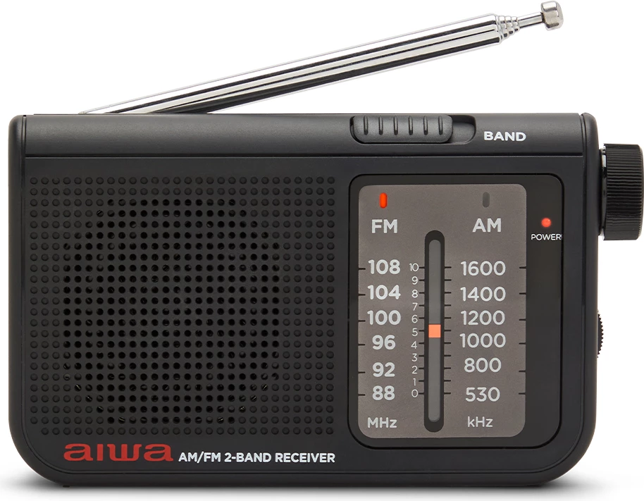 Radio xhepi Aiwa RS-55, FM/AM, antenë teleskopike 48 cm, dalje 3.5 mm, punon me 2xAA, e zezë, set me kufje + çantë mbrojtëse + rrip dore + bateri (2 copë)