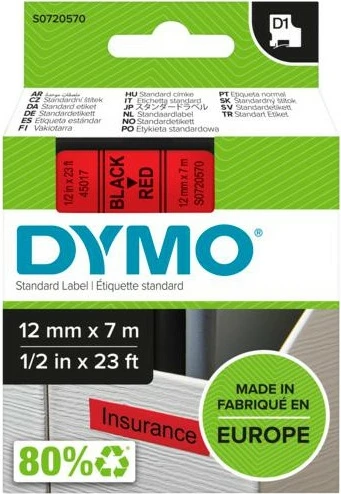 Kasetë etiketa Dymo D1 S0720570, 12mm x 7m, e kuqe me të zezë