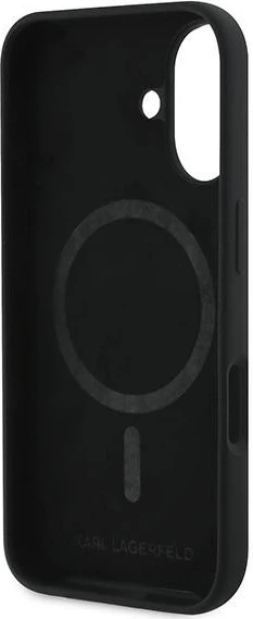 Mbështjellës Karl Lagerfeld Silicone Double Heads Print MagSafe për iPhone 16 Plus, i zi