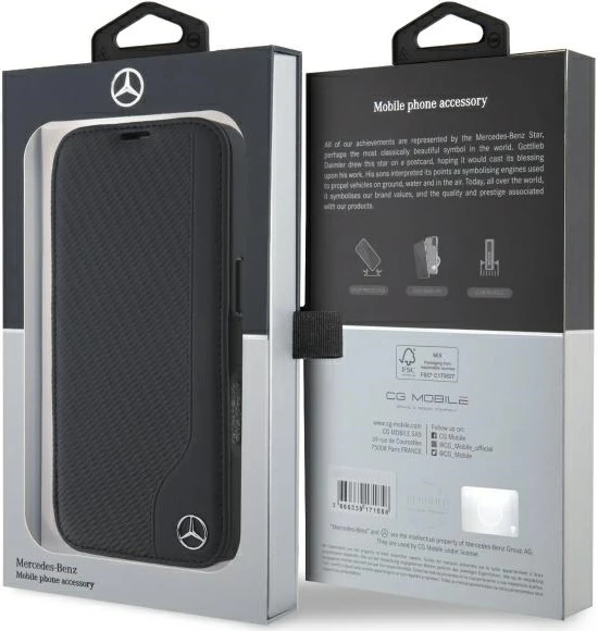Mbështjellës Mercedes për iPhone 16, imitacion lëkure dhe druri, i zi