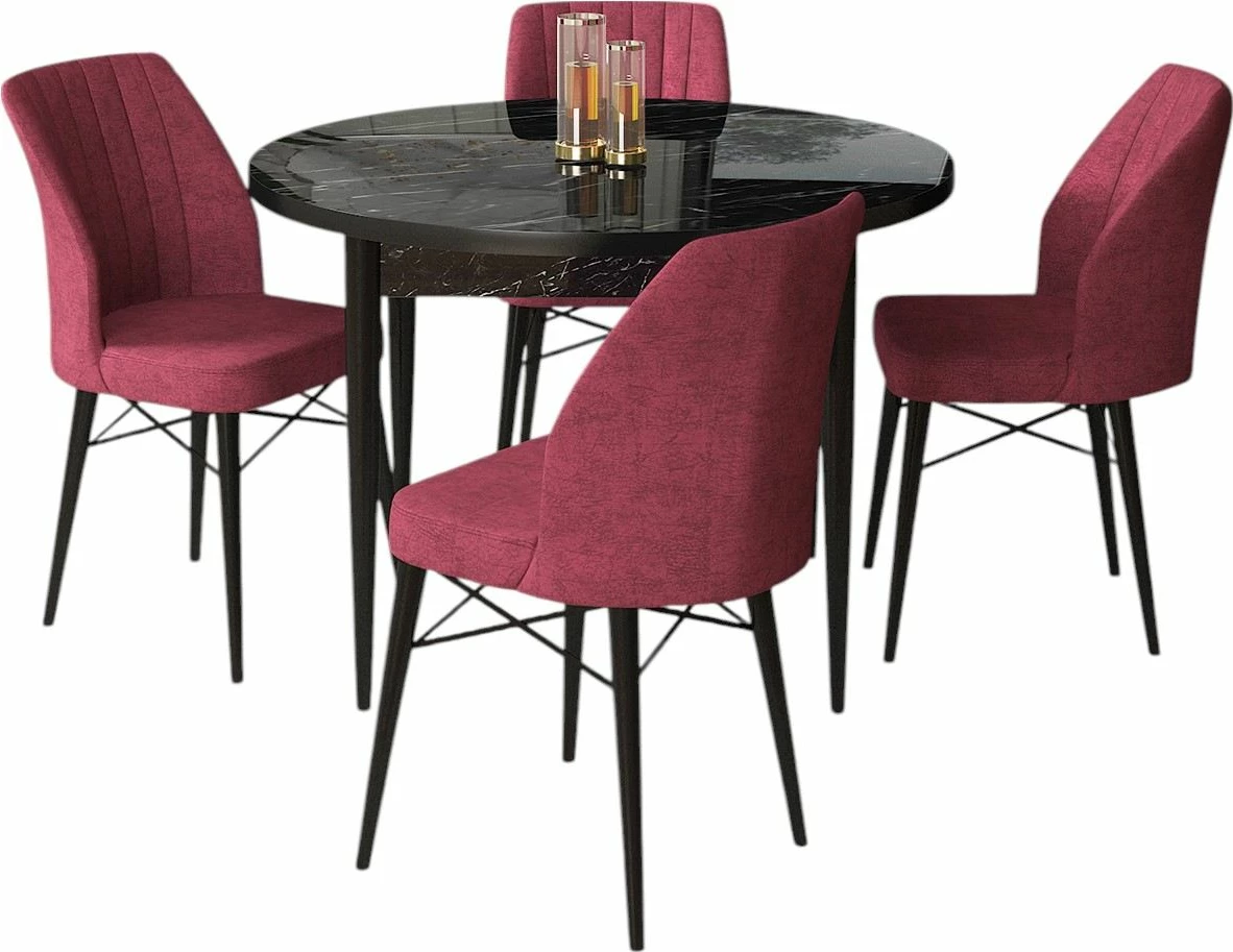 Tavolinë me karrige për ngrënie (5 copë), Skye Decor, Rox, mermer i zi, burgundy