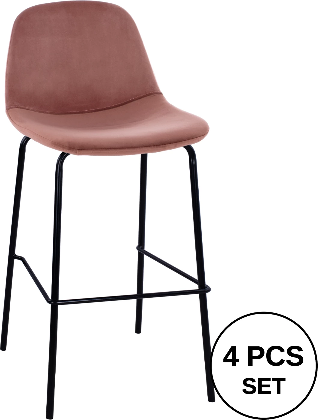 Karrige për bar, kadife rozë e zbehtë, këmbë metalike, 47x51x96, set prej 4 copë