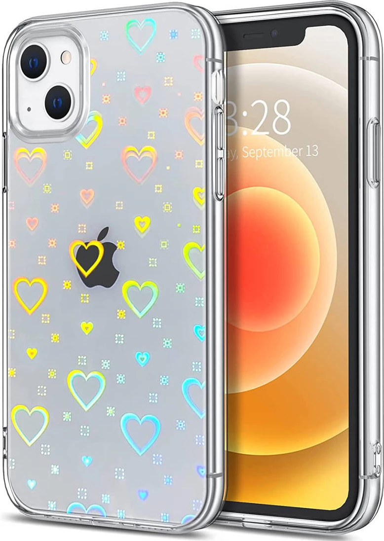 Mbështjellës silikoni ONASI Clear Case Hologram 1.8mm për iPhone 14 Plus, me zemra, transparent