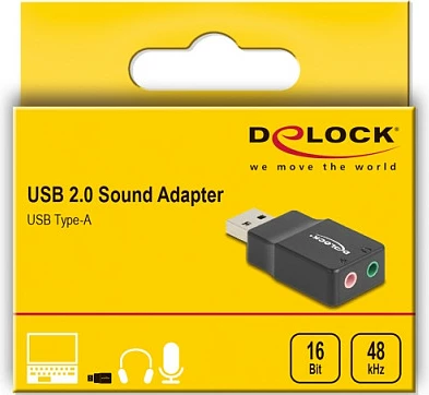 Kartë zëri e jashtme DeLOCK USB 2.0 Type-A në 2x 3.5mm (audio + mikrofon), Plug & Play, e zezë