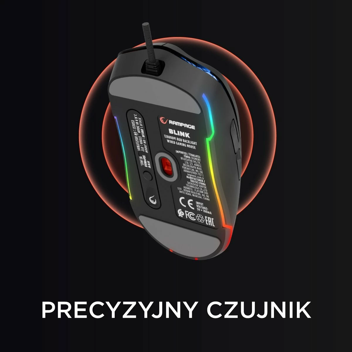 Maus gaming Rampage Blink (BLINK-BLACK) 12800 DPI RGB USB me kabllo, i zi, me kapakë ndërrues