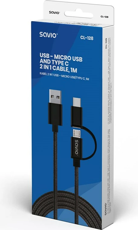 Kabllo Savio, USB A - USB C / micro-USB, 1m, e zezë