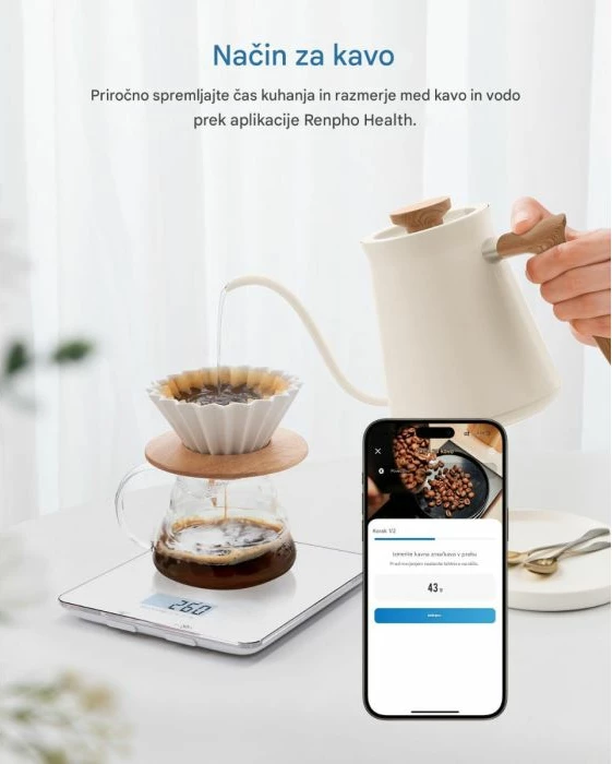 Peshore ushqimore smart RENPHO Calibra, Bluetooth BLE, max 5 kg, 1 g, 3x AAA, argjendtë