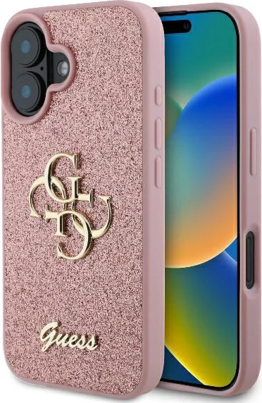 Mbështjellës Guess Fixed Glitter Big 4G për iPhone 16, Rozë
