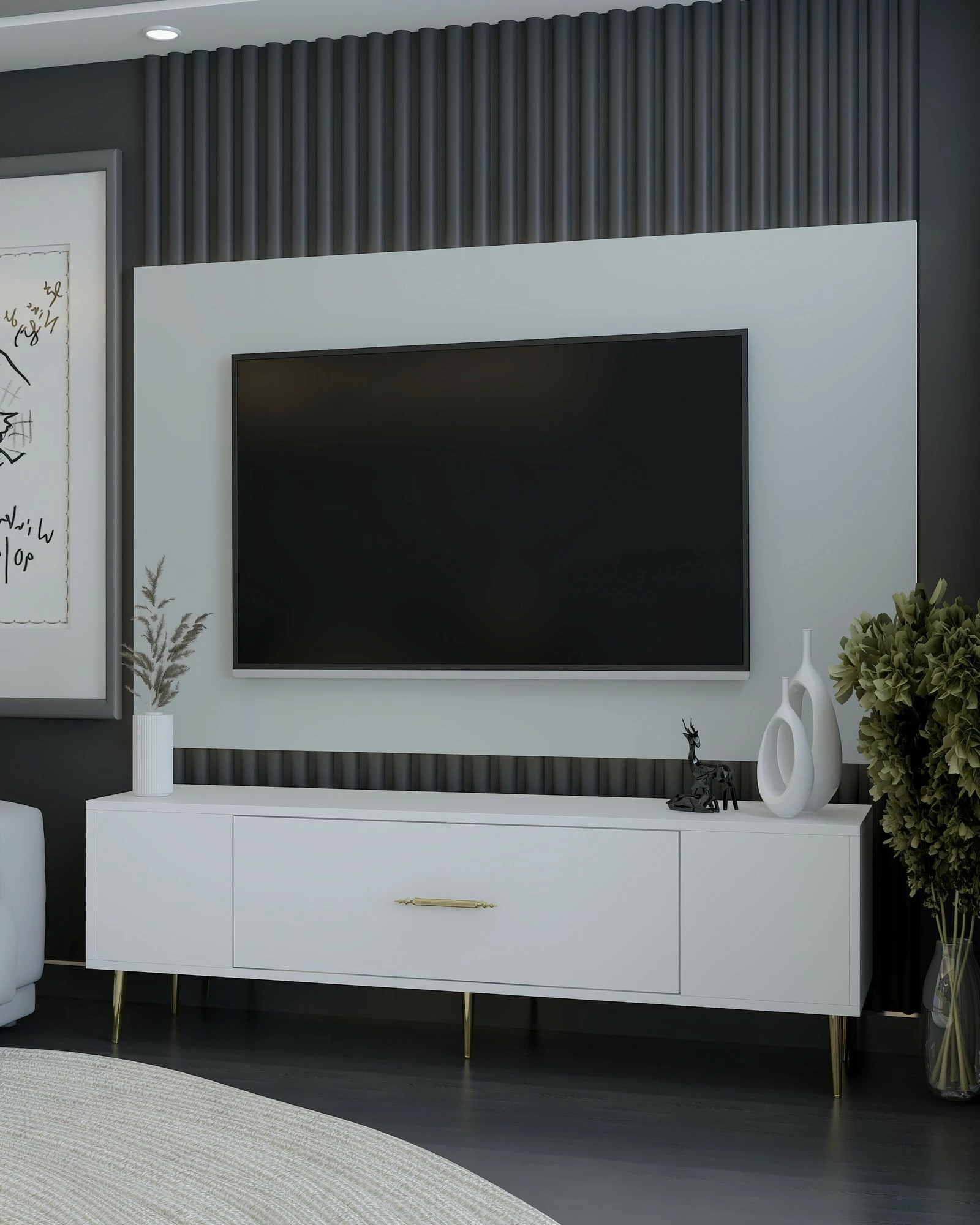 Komodë TV Skye Decor, e bardhë, e artë