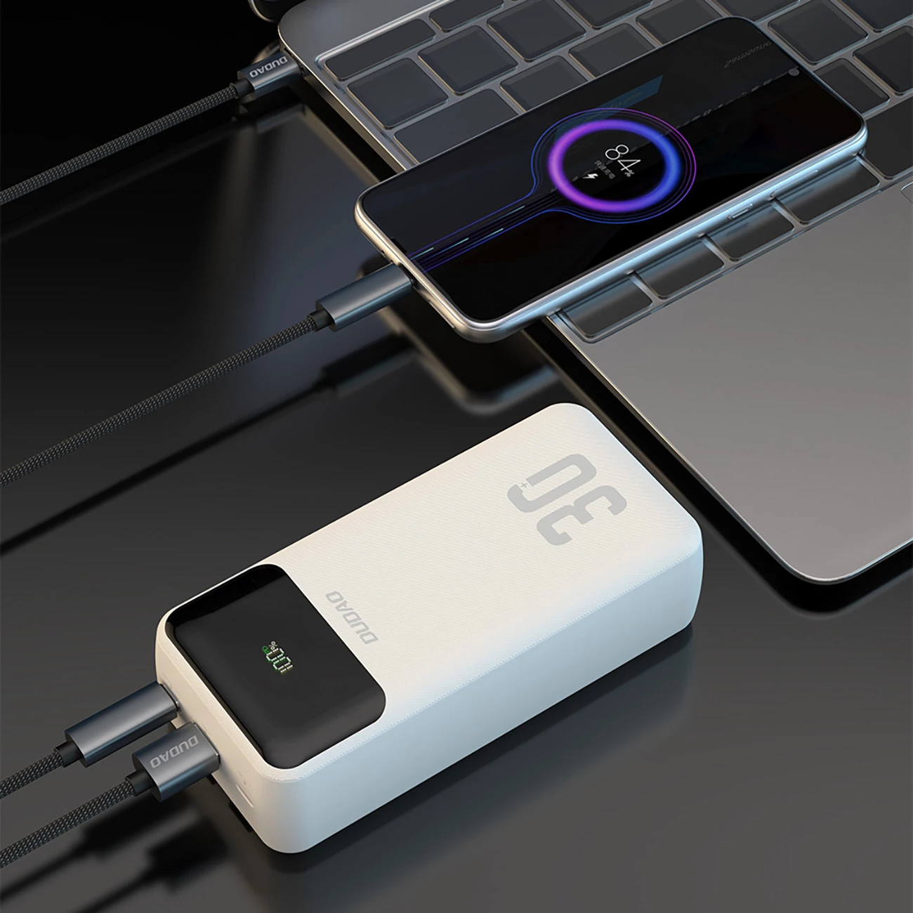 Powerbank Dudao K15Max 30000mAh PD 22.5W me kabllo të integrume USB-C dhe Lightning, bardhë