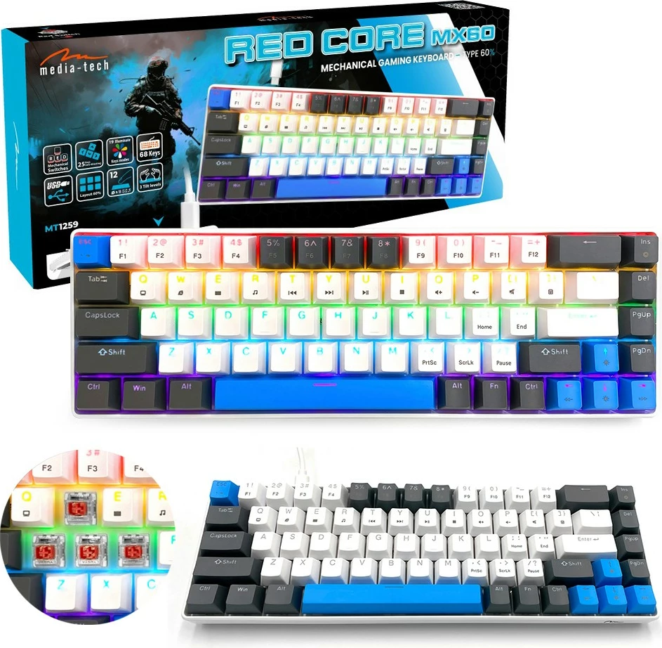 Tastierë mekanike gaming, Media-Tech, Red Core MX60 MT1259, 60% USB-C me kabëll, ndriçim LED RGB, 68 taste, e zezë/blu/e bardhë